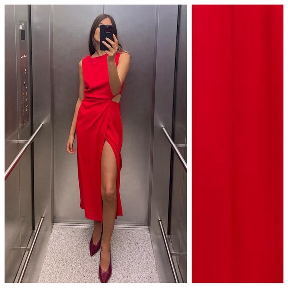 NWT. Zara Red Cut Out Ruched Midi Dress. Size S. - Picture 1 of 10